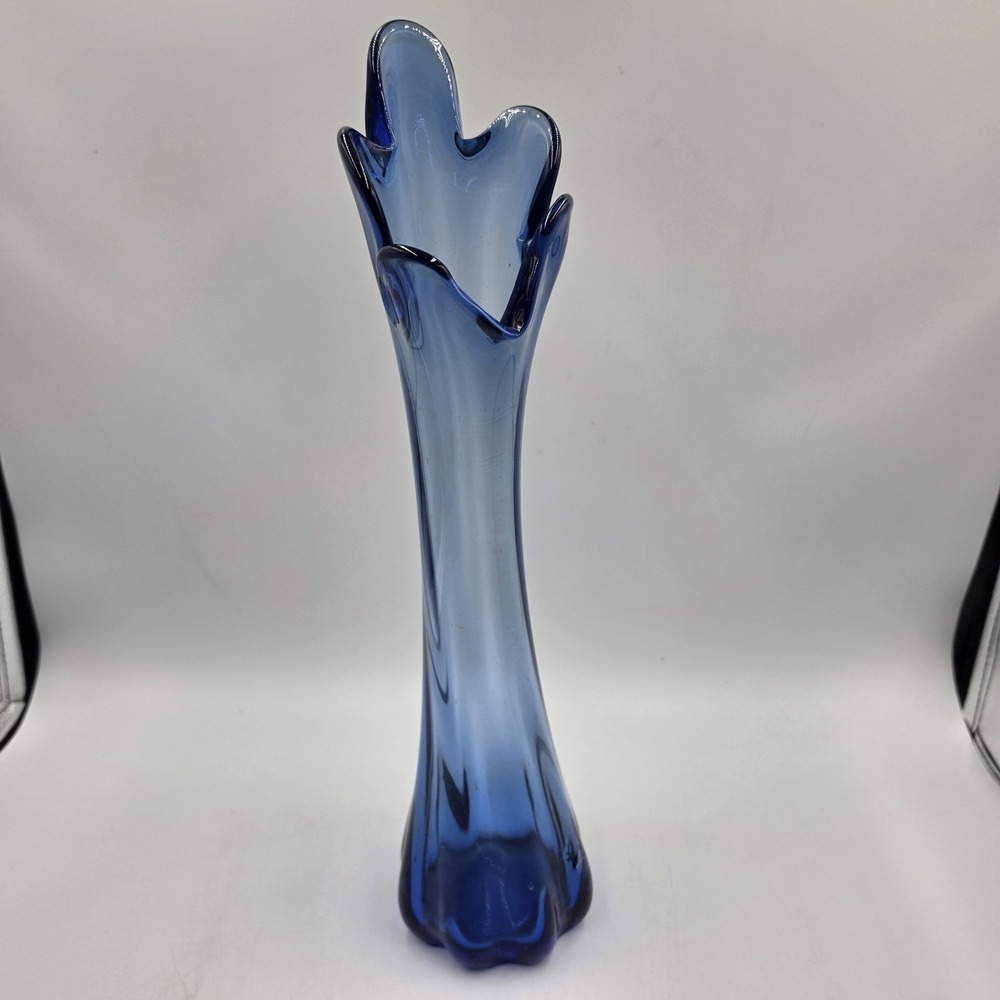Vintage MCM Cobalt Blue Swung Glass Vase 5 Finger Mid Century Art Glass